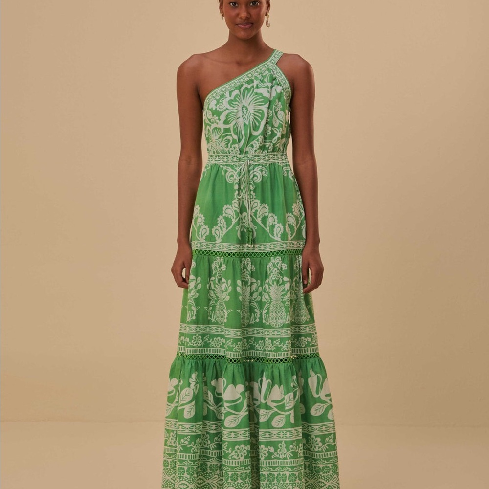 Farm Rio Green Sweet Garden Maxi Dress One Shoulder